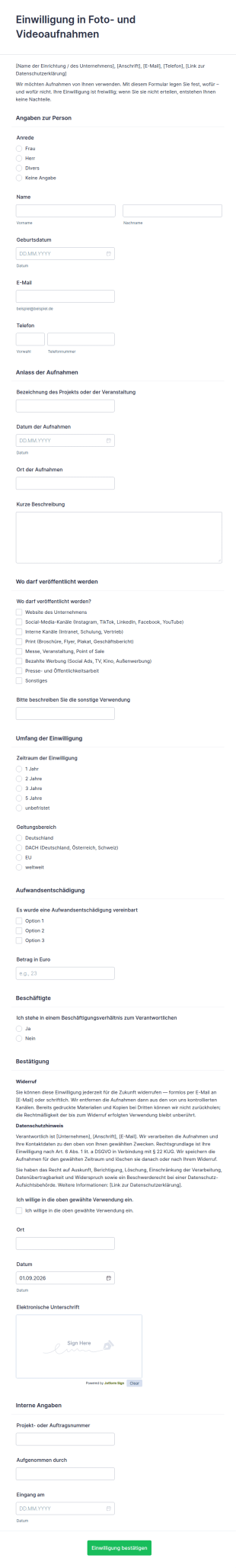 Vorlage Einwilligung Foto & Videoaufnahmen