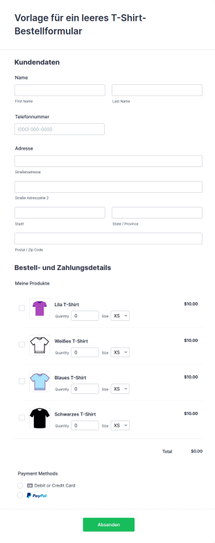 Vorlage Für Ein Leeres T Shirt Bestellformular
