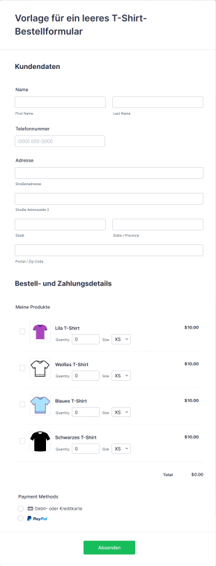 Vorlage Für Ein Leeres T Shirt Bestellformular