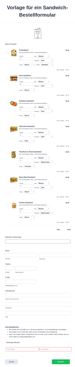 Vorlage Für Ein Sandwich Bestellformular