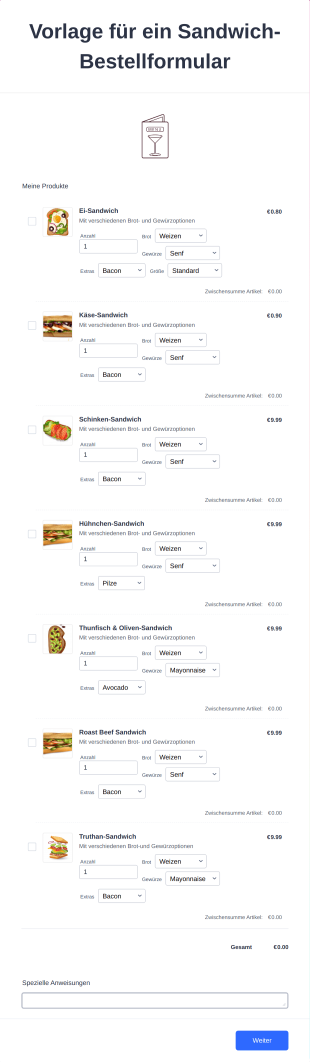 Vorlage Für Ein Sandwich Bestellformular Form Template