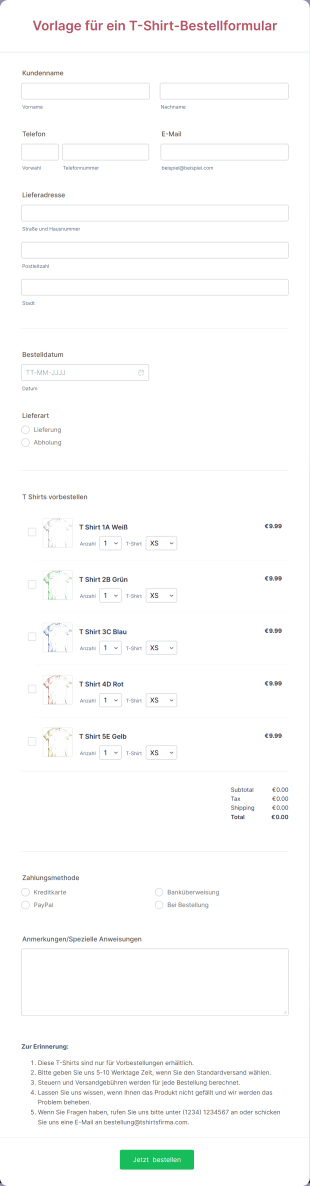 Vorlage Für Ein T Shirt Bestellformular Form Template