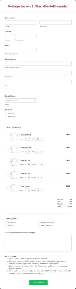 Vorlage Für Ein T Shirt Bestellformular