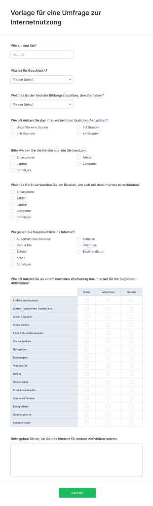 Vorlage Für Eine Umfrage Zur Internetnutzung Form Template