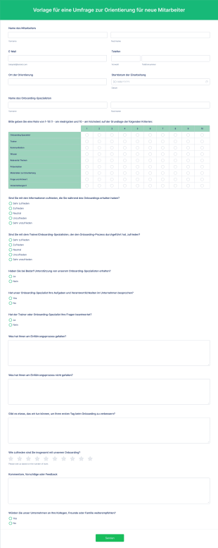 Vorlage Für Eine Umfrage Zur Orientierung Für Neue Mitarbeiter Form Template