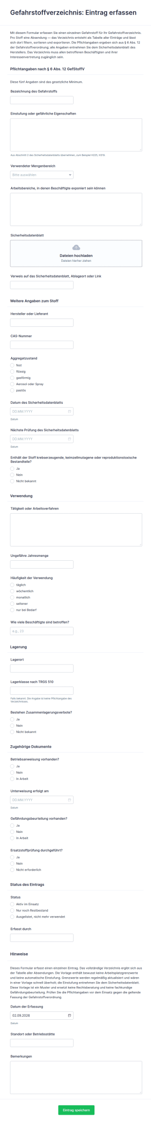 Vorlage Gefahrstoffverzeichnis: Eintrag Erfassen