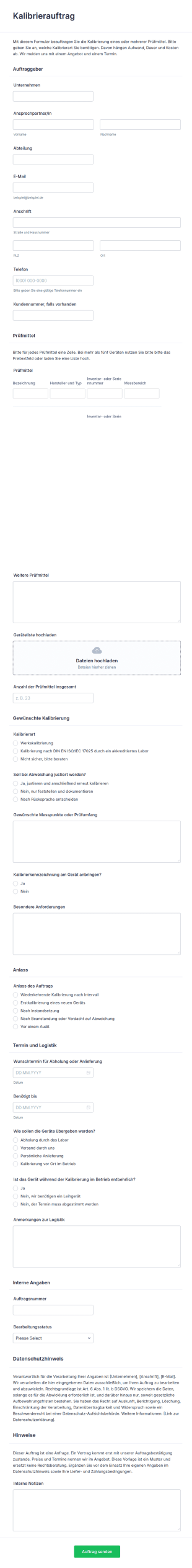 Vorlage Kalibrierauftrag