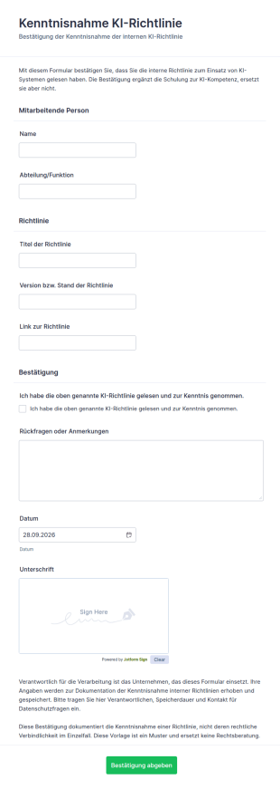 Vorlage Kenntnisnahme KI Richtlinie