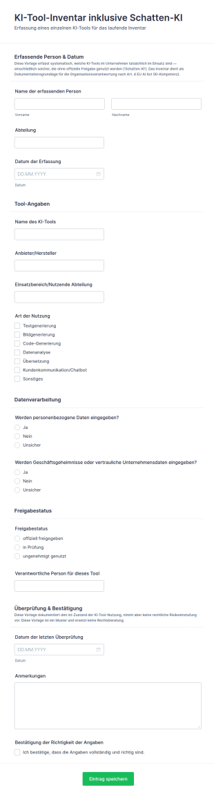 Vorlage KI Tool Inventar Inklusive Schatten KI