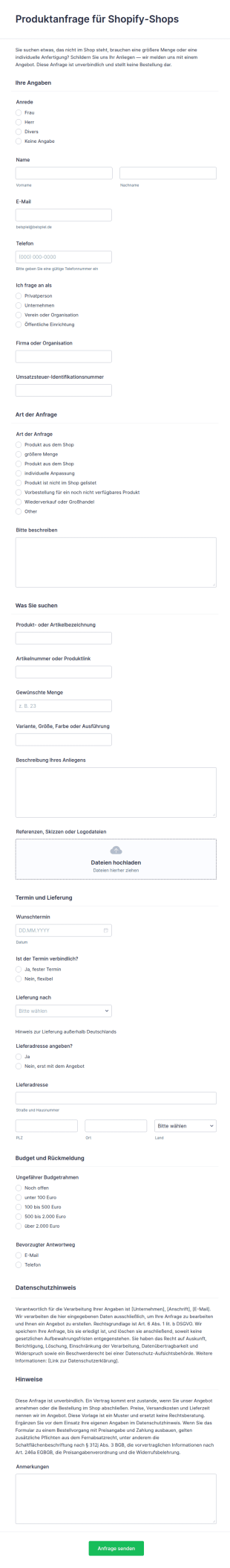 Vorlage Produktanfrage Für Shopify Shops