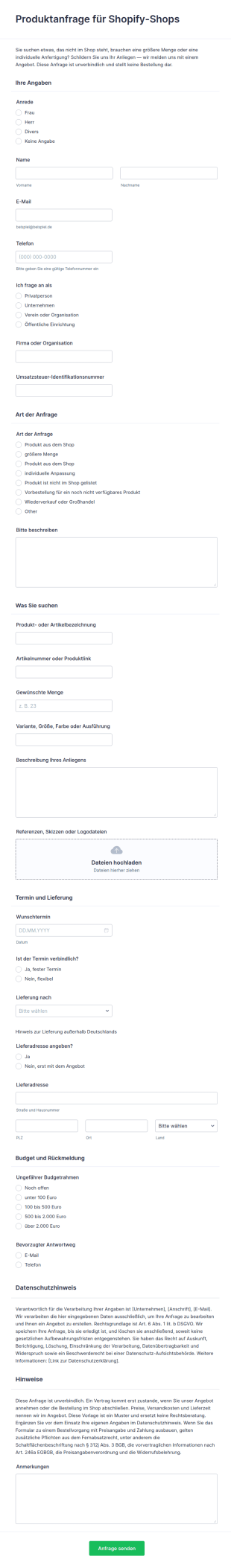 Vorlage Produktanfrage Für Shopify Shops