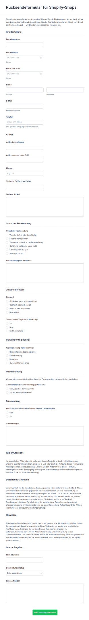 Vorlage Rücksendeformular Für Shopify Shops