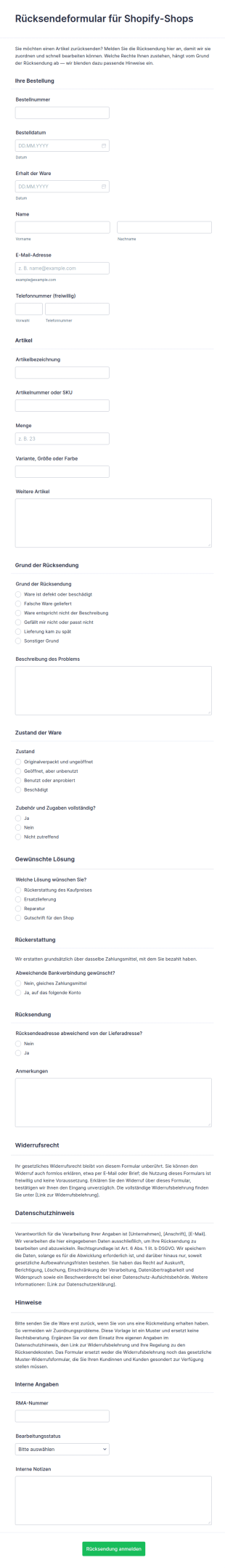 Rücksendeformular Für Shopify Shops