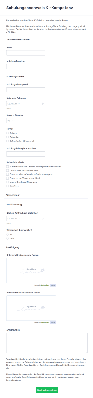 Vorlage Schulungsnachweis KI Kompetenz