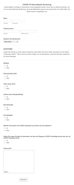 VORLAGE Tägliches COVID 19 Gesundheits Screening