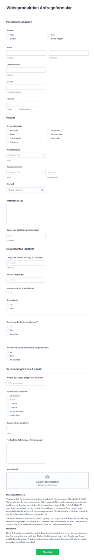 Vorlage Videoproduktion Anfrageformular