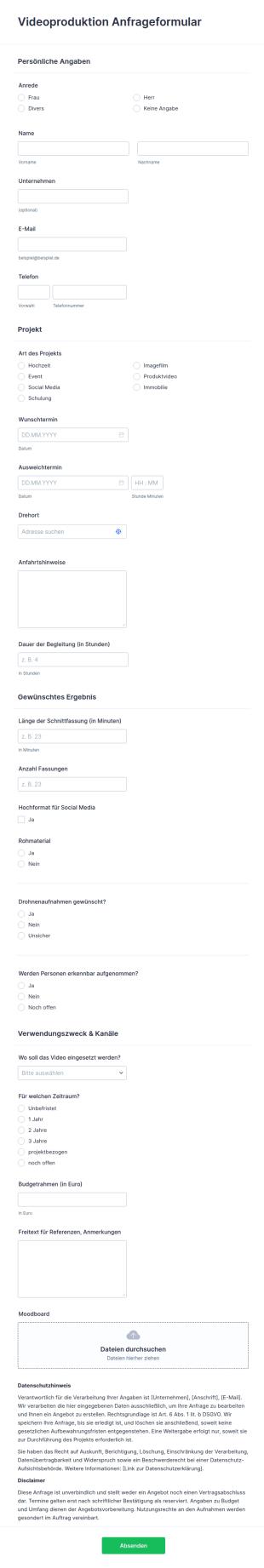 Vorlage Videoproduktion Anfrageformular