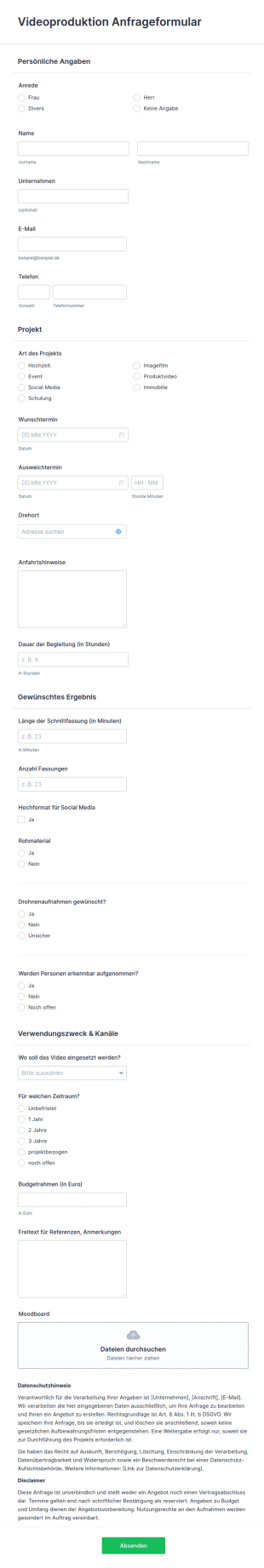 Vorlage Videoproduktion Anfrageformular