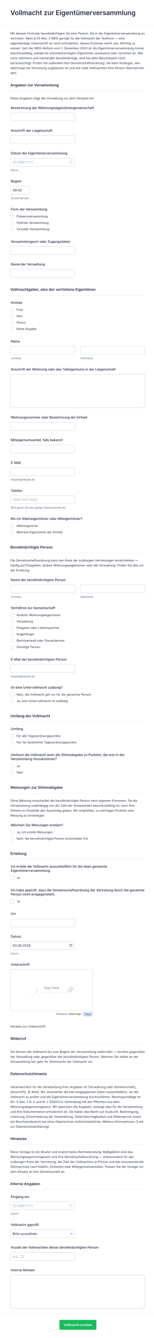 Vorlage Vollmacht Zur Eigentümerversammlung