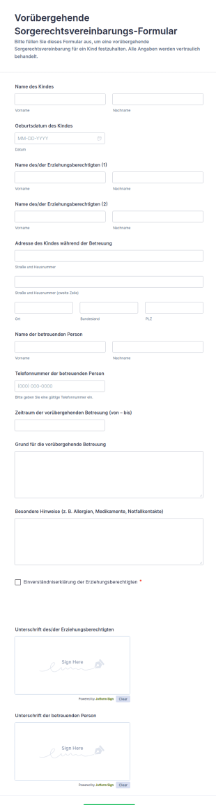 Vormietung Temporäre Obhutsformular