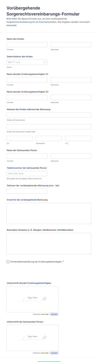 Vormietung Temporäre Obhutsformular