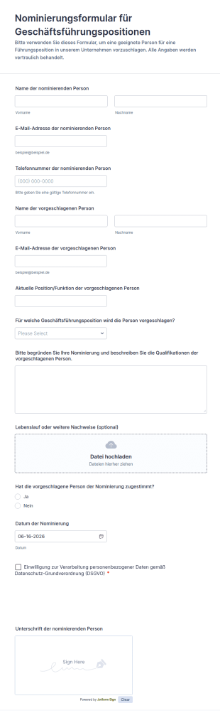 Vorschlagsformular Für Nominierung Von Führungskräften