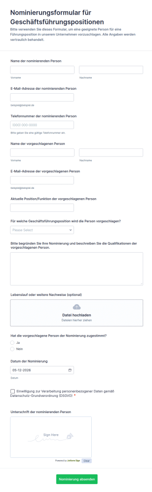Vorschlagsformular Für Nominierung Von Führungskräften