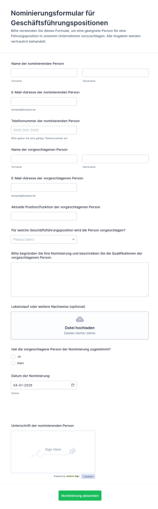 Vorschlagsformular Für Nominierung Von Führungskräften