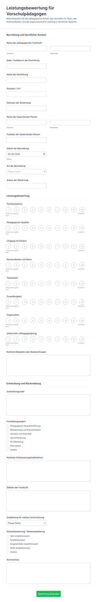 Vorschul Lehrerleistungsbeurteilungsformular