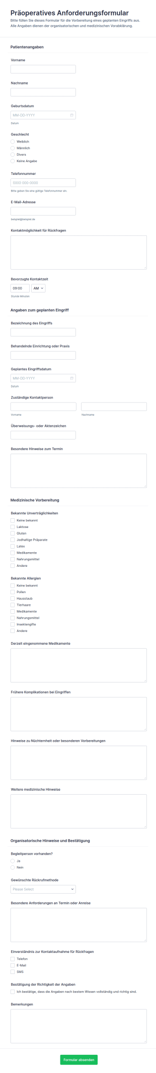Vorstationäre OP Bestellung Formular