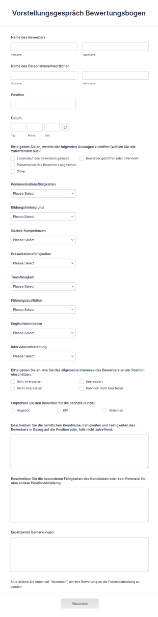 Vorstellungsgespräch Bewertungsbogen