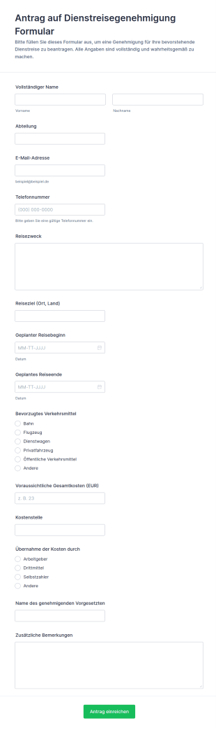Vorübergehende Dienstreise Antrag Formular 🚀