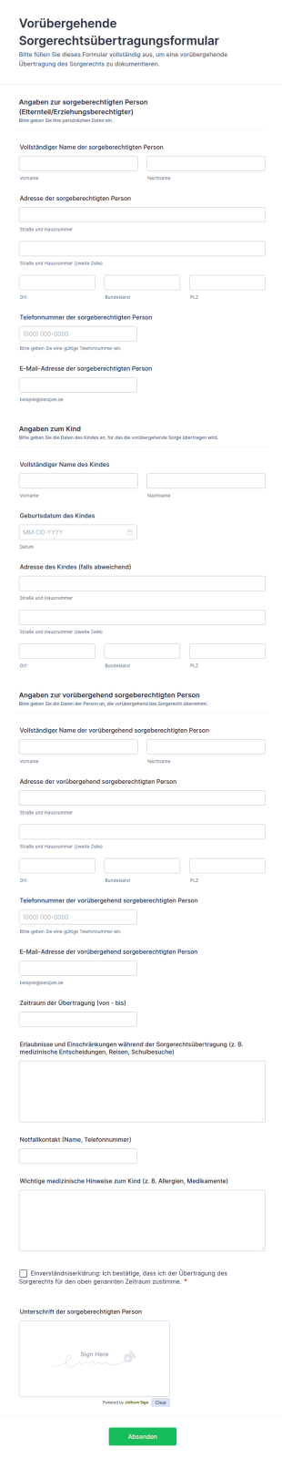 Vorübergehende Sorgerechtsübertragungsformular