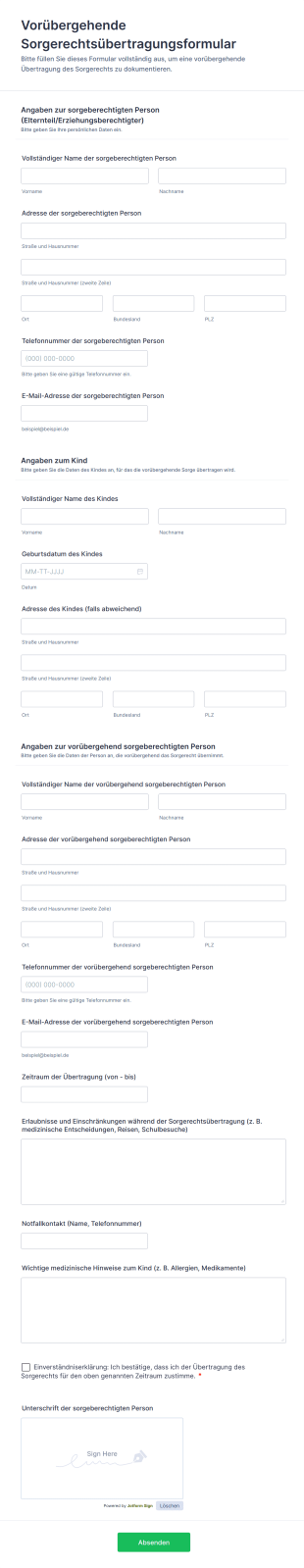 Vorübergehende Sorgerechtsübertragungsformular