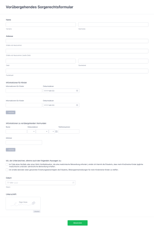 Vorübergehendes Sorgerechtsformular Form Template