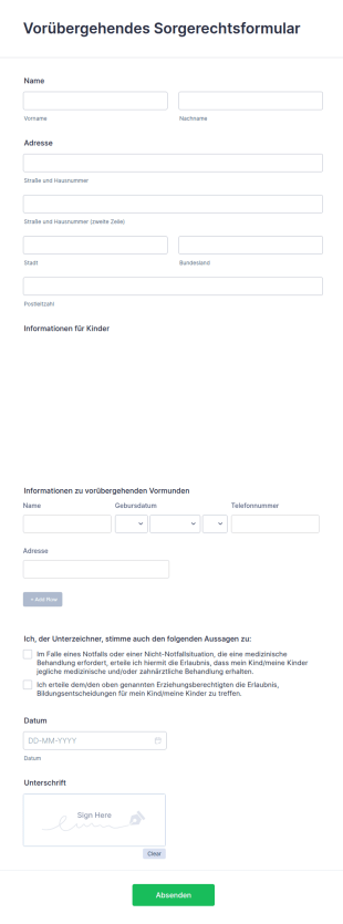 Vorübergehendes Sorgerechtsformular