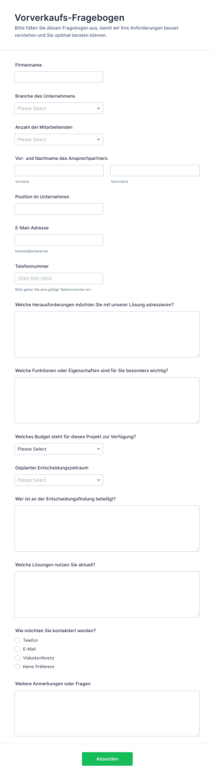 Vorverkaufs Fragebogen