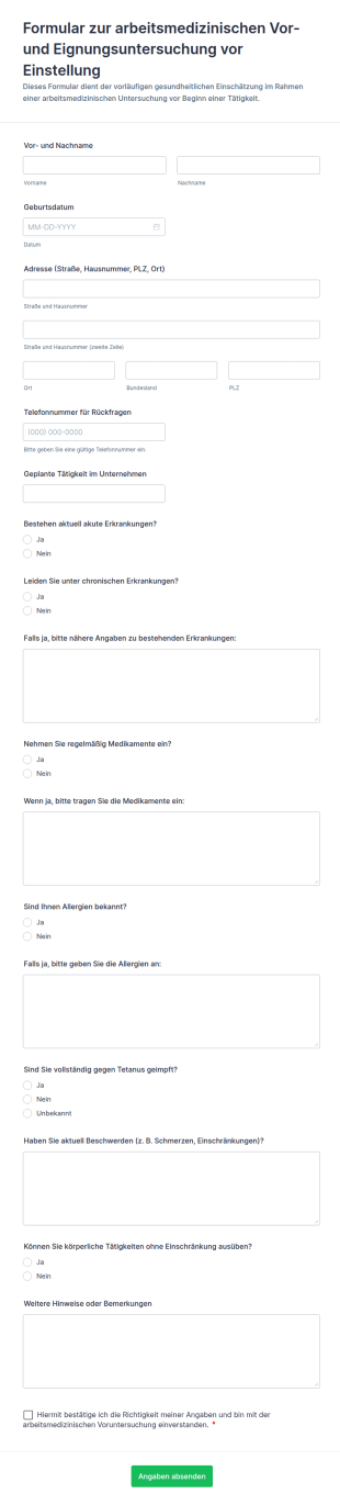 Vorzugsweise Arbeitsmedizinisches Eignungsformular