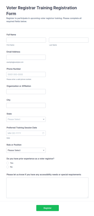 Voter Registrar Training Registration Form Template