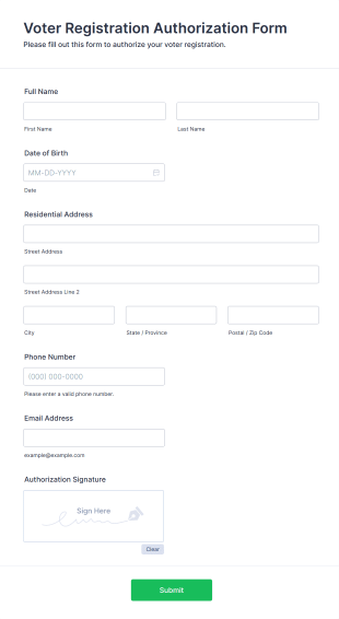 Voter Registration Authorization Form Form Template