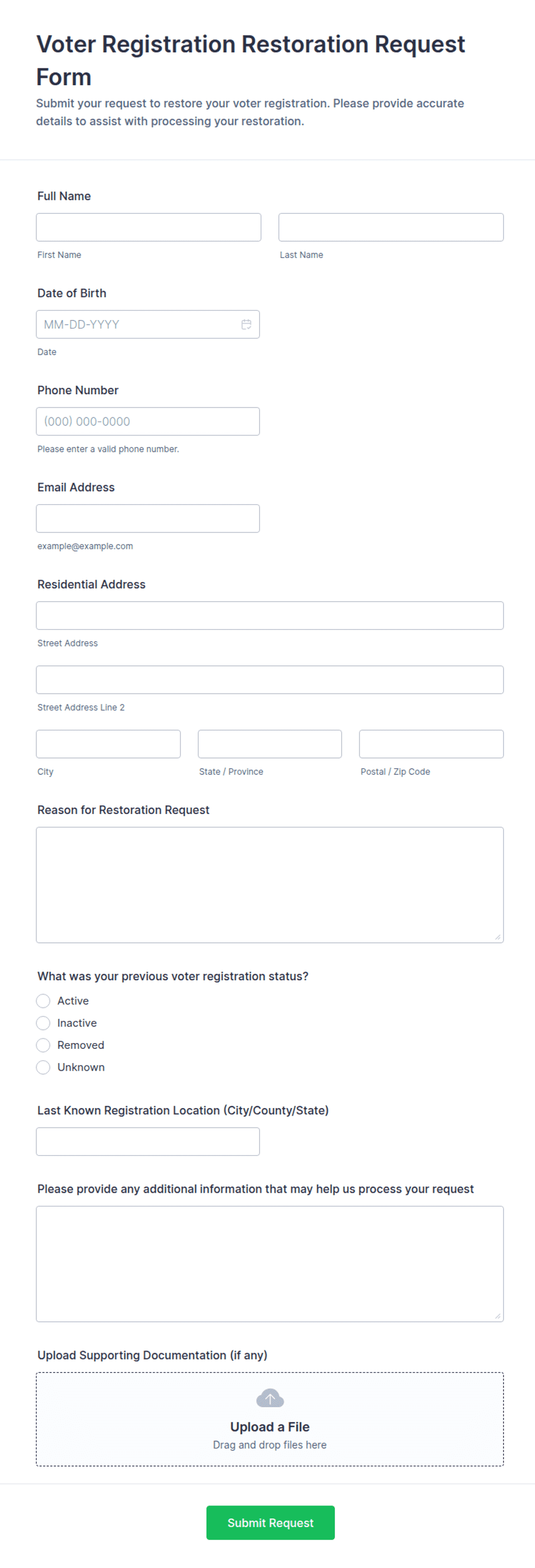 Voter Registration Restoration Request Form Template | Jotform
