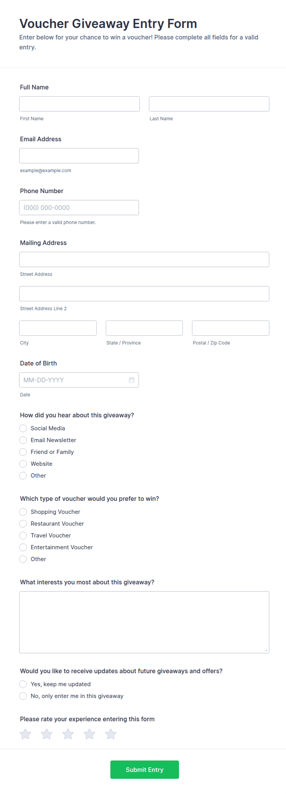 Voucher Giveaway Entry Form Template | Jotform