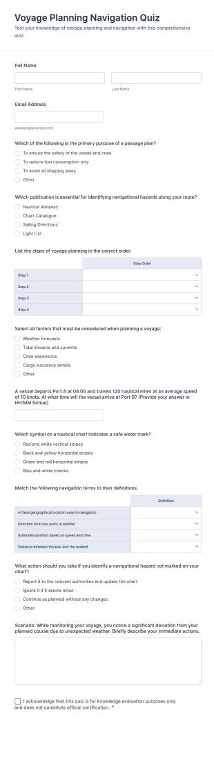 Voyage Planning Navigation Quiz Form Template