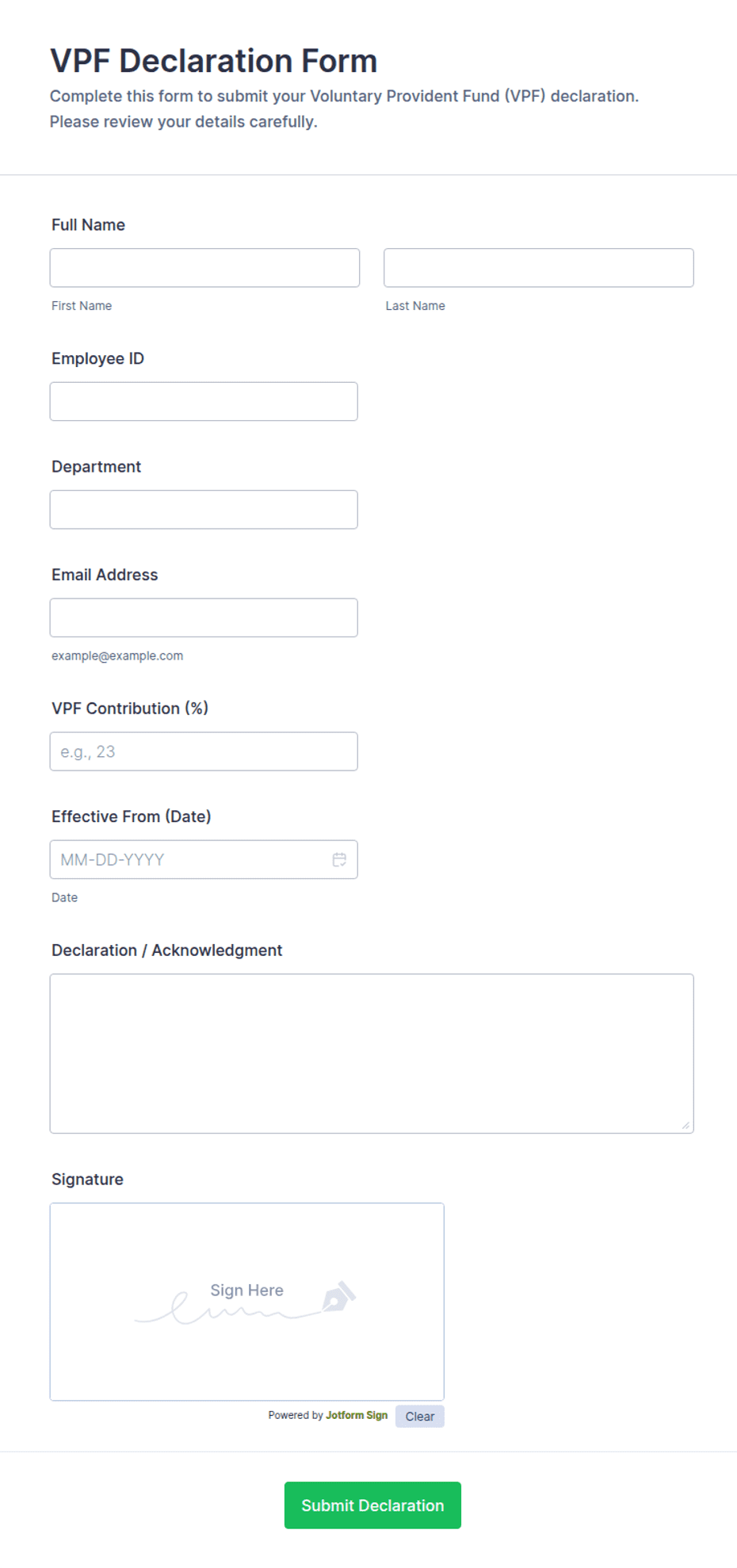 Declaration Form Verna VPF Declaration Form Template | Jotform