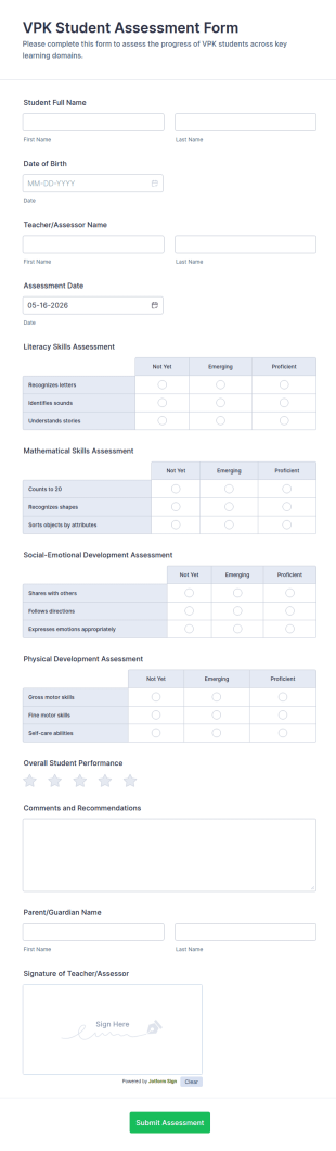 VPK Student Assessment Form Template