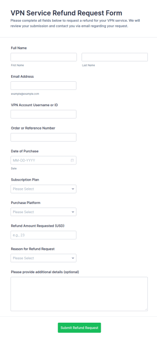 VPN Service Refund Request Form Template