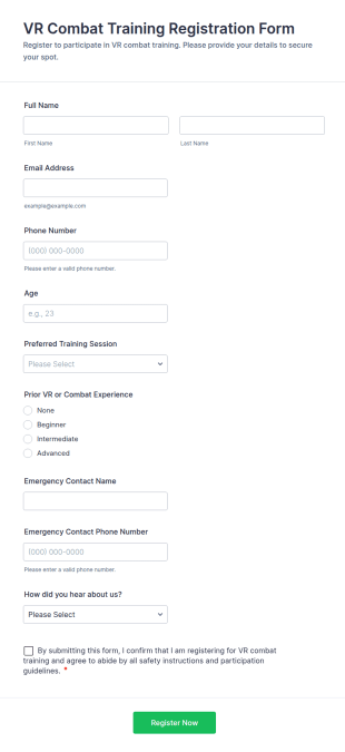VR Combat Training Registration Form Template