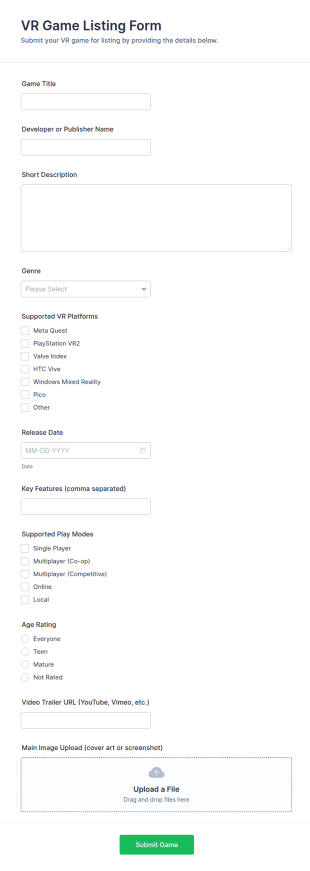 VR Game Listing Form Template
