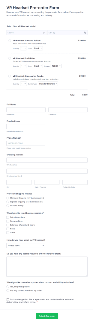 VR Headset Pre Order Form Template