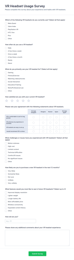 VR Headset Usage Survey Form Template